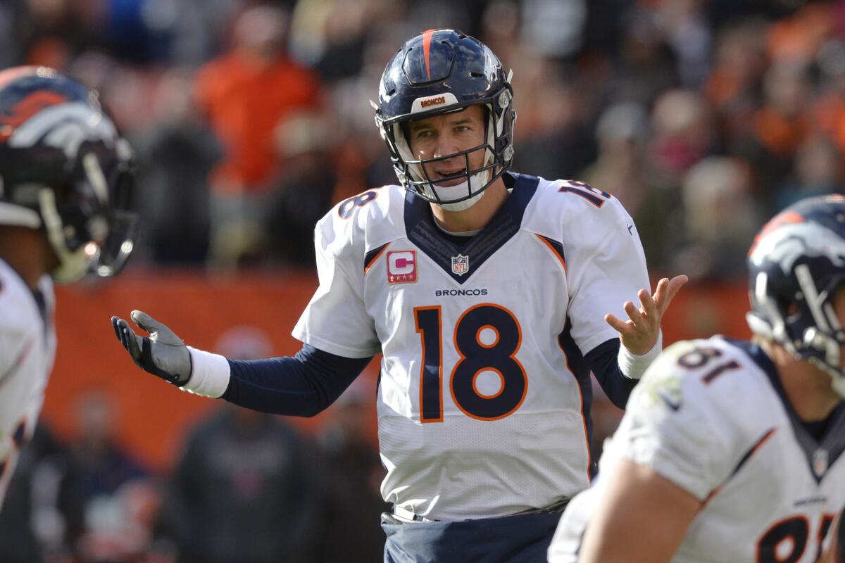 Quarterback Peyton Manning (18) will try to keep the Broncos unbeaten with a win at his former home in Indianapolis on Sunday.