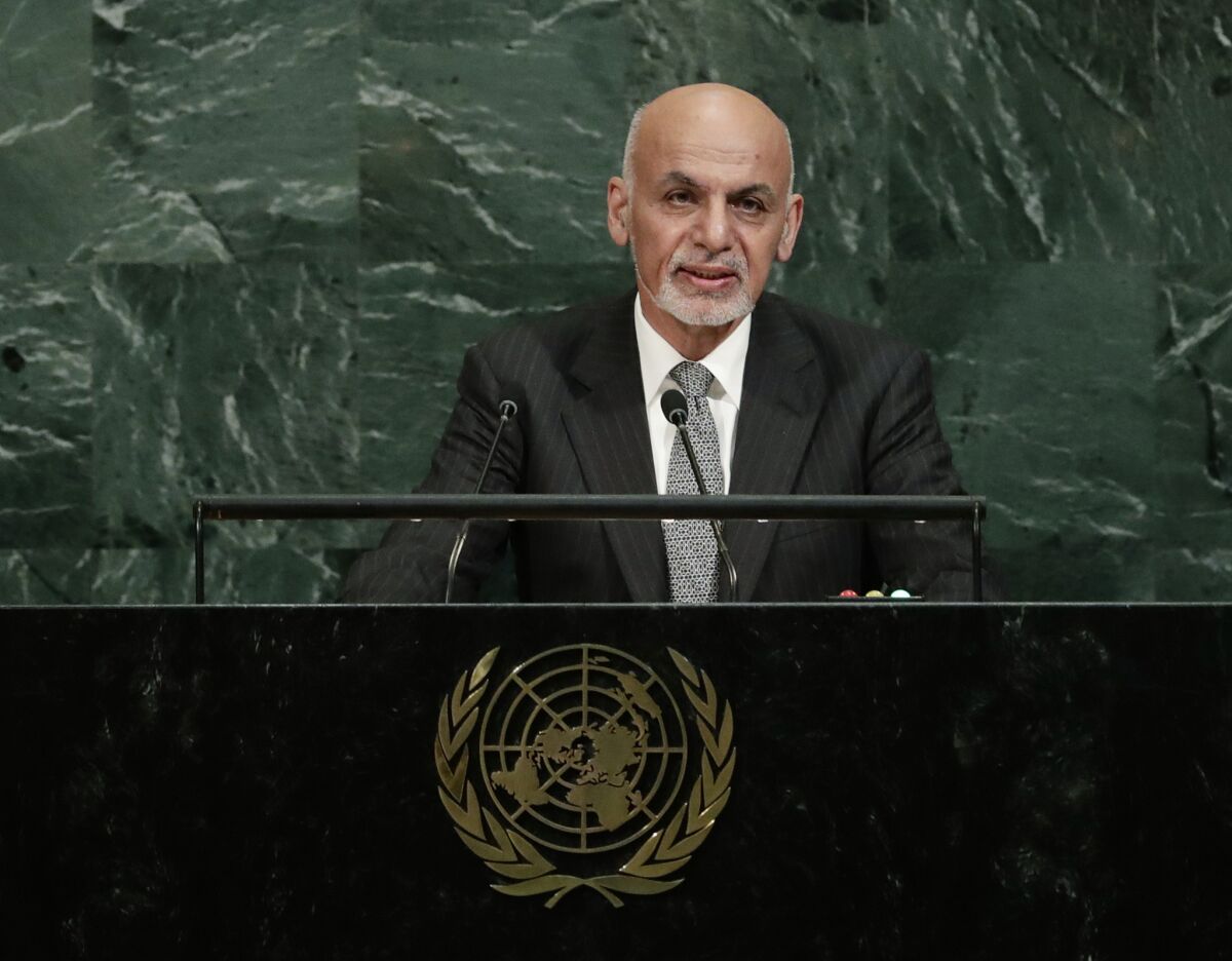 Afghan President Ashraf Ghani addresses the United Nations General Assembly on Sept. 19, 2017, in New York.