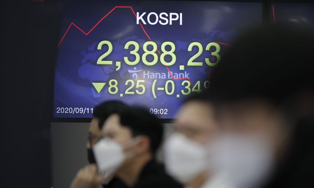 Currency traders watch computer monitors near the screen showing the Korea Composite Stock Price Index (KOSPI) at the foreign exchange dealing room in Seoul, South Korea, Friday, Sept. 11, 2020. Asian shares were mixed Friday following a selloff of technology shares on Wall Street. (AP Photo/Lee Jin-man)