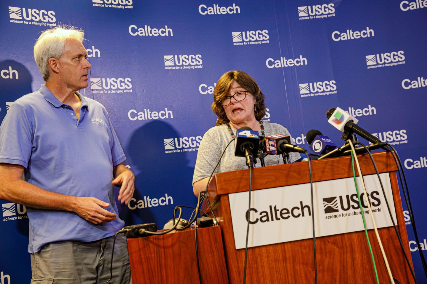 Seismologists Robert Graves and Lucy Jones speak at a news conference at Caltech in Pasadena in response to the 6.4 magnitude earthquake that struck near Ridgecrest, Calif.