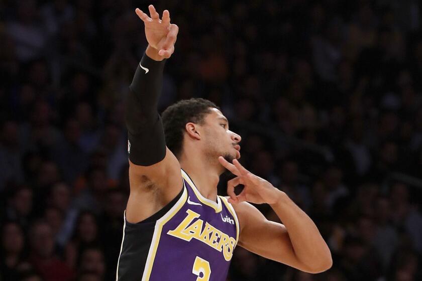 LOS ANGELES, CALIF. .. - NOV. 7, 2018. Lakers guard Josh Hart celebrates a three-point shot against the Timberwolves in the first quarter Wednesday, Nov. 7, 2018, at Stap[les Center. (Luis Sinco/Los Angeles Times)