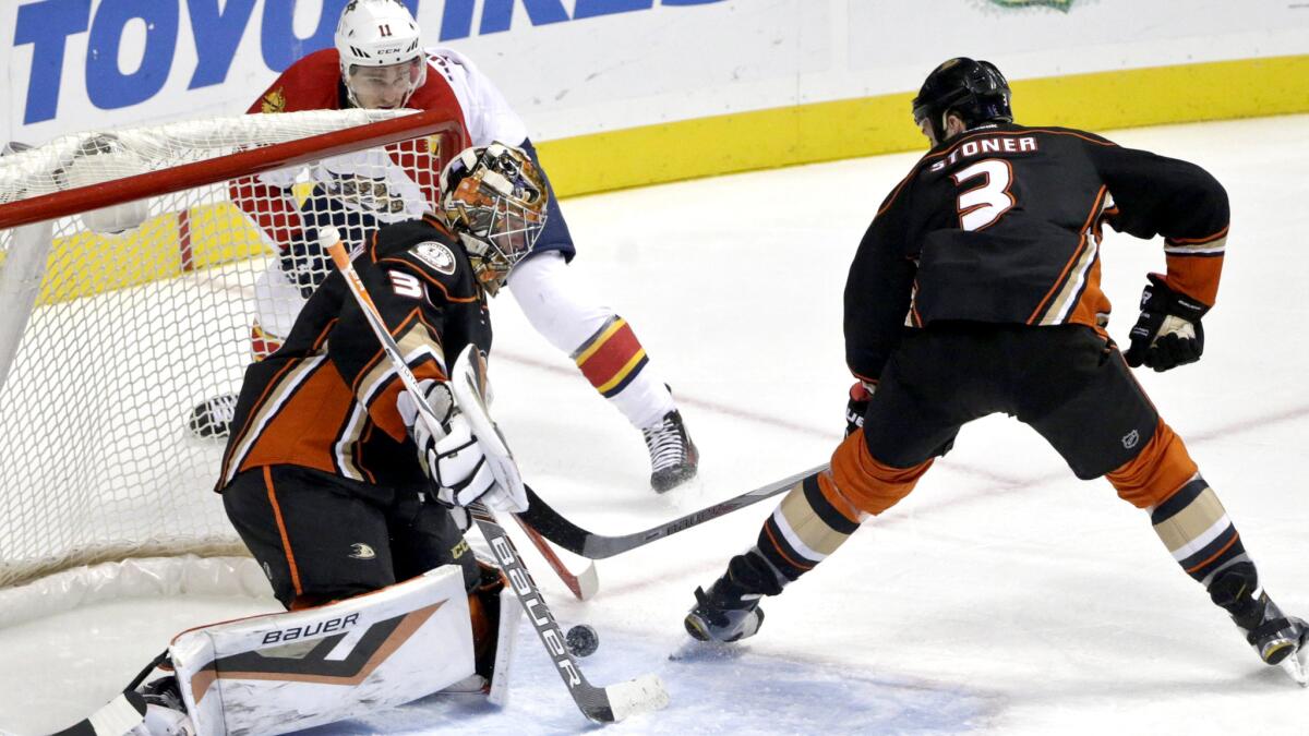 Ducks goalie Frederik Andersen stops a shot by Panthers center Jonathan Huberdeau in the first period Wednesday night.