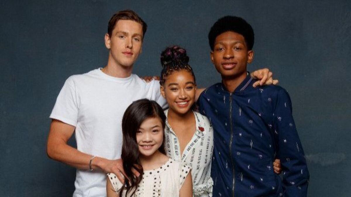 Harris Dickinson, Miya Cech, Amandla Stenberg and Skylan Brooks from the film "The Darkest Minds."