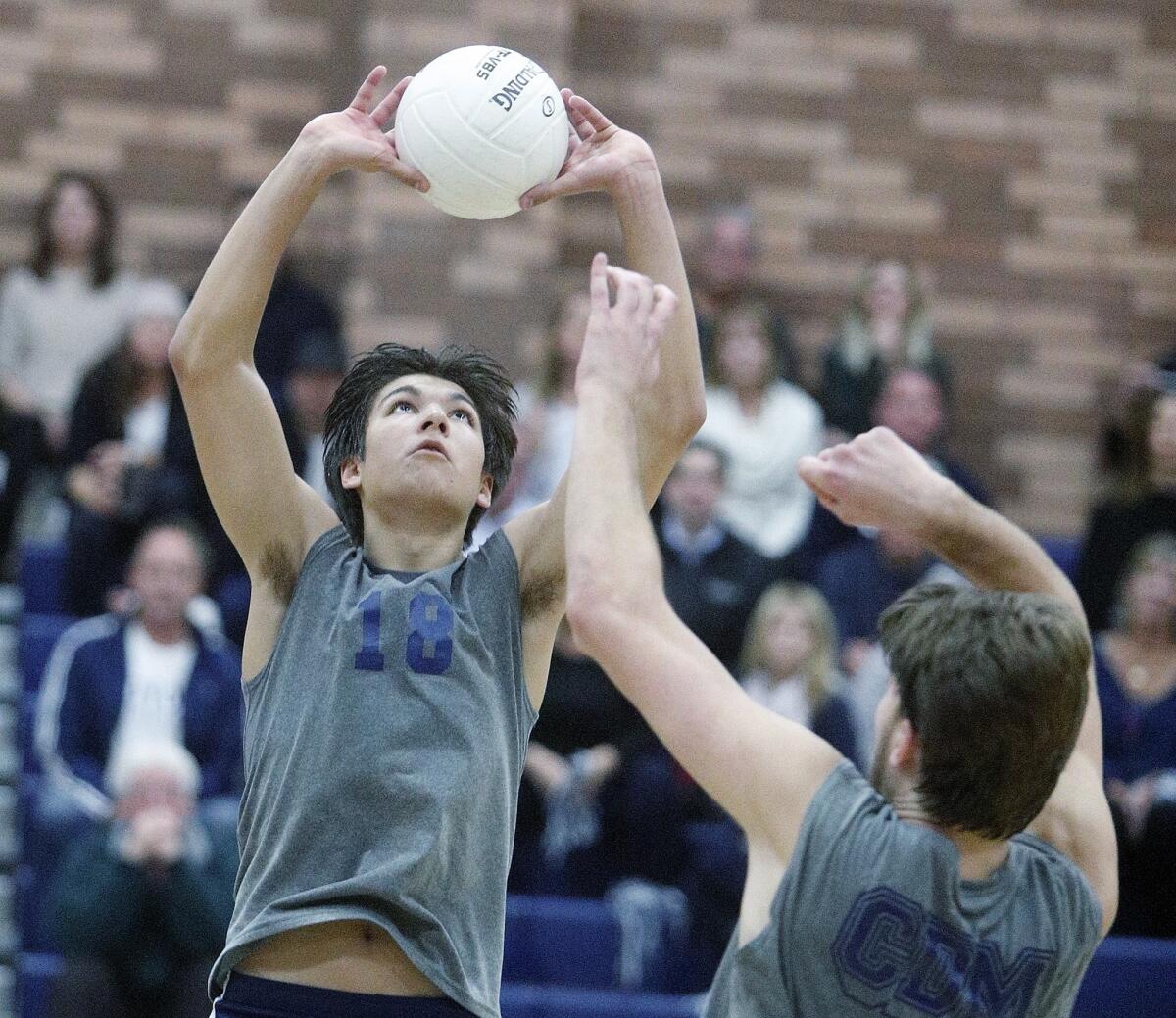 Corona del Mar High's Bryce Dvorak sets the ball for a kill against Loyola in a nonleague match at Loyola on Wednesday.