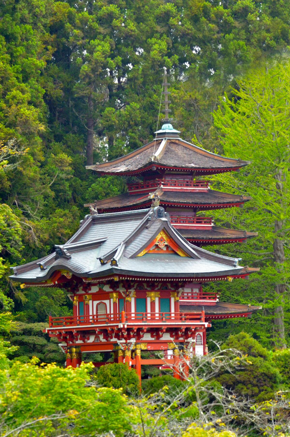 A colorful Japanese pagoda is seen at Golden Gate Park.