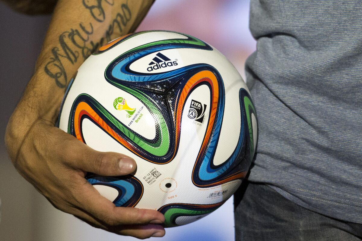 The Adidas Brazuca ball, the 2014 World Cup official soccer ball.