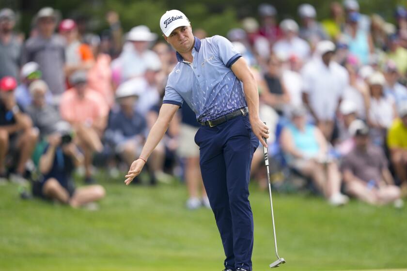 Justin Thomas reacts after missing a putt on the seventh hole during the first round of the PGA Championship golf tournament at the Valhalla Golf Club, Thursday, May 16, 2024, in Louisville, Ky. (AP Photo/Matt York)
