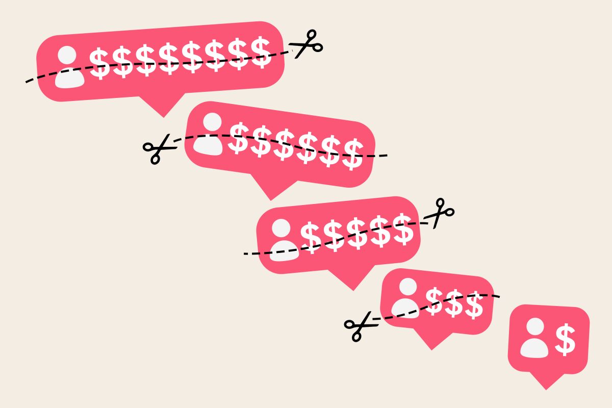 Illustration showing social media notifications with dollar signs gradually being cut to a smaller size.