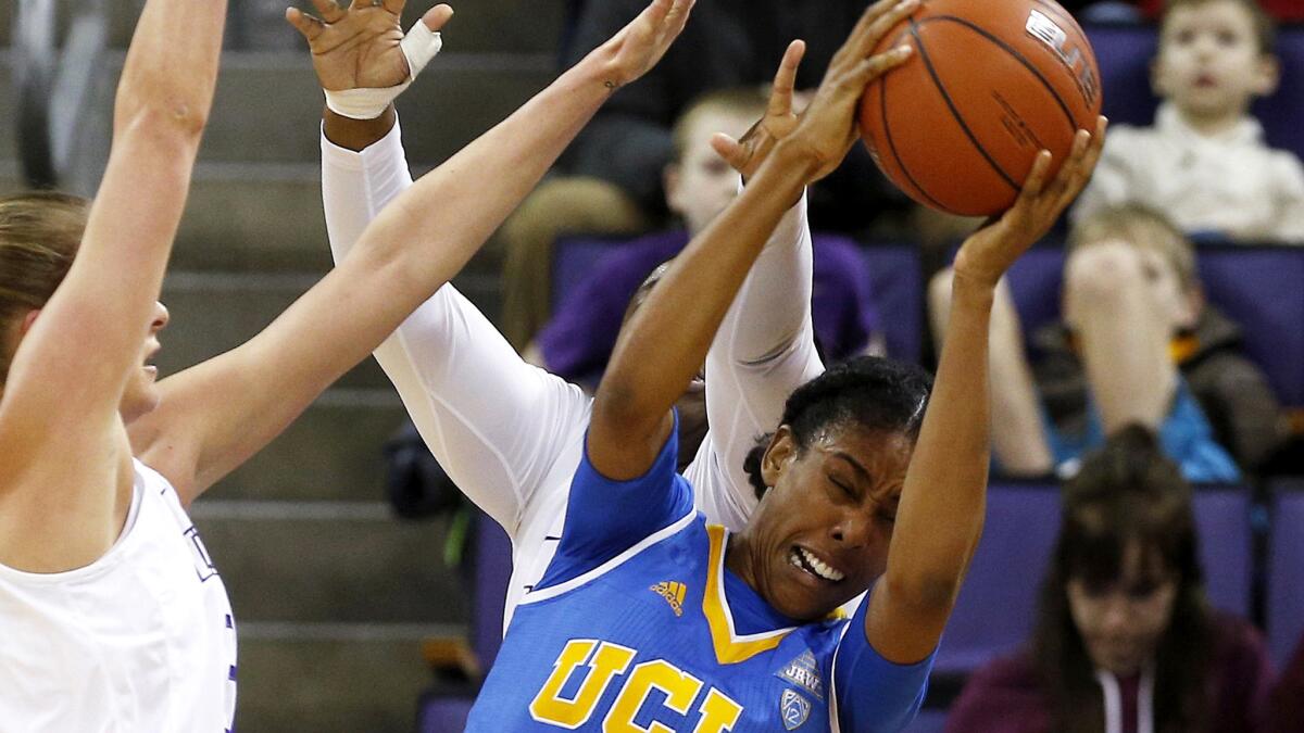 UCLA forward Monique Billings, shown during a game against Washington earlier this season, had another double-double in the Bruins' victory over USC on Sunday.
