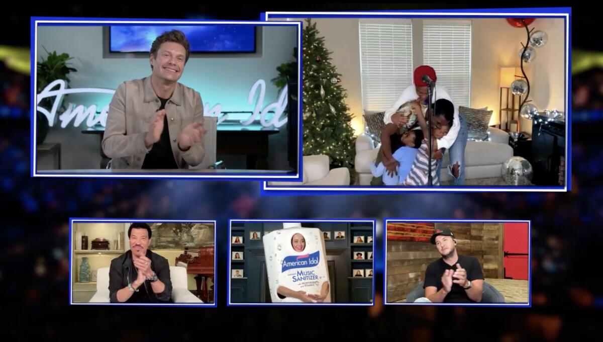 Clockwise from top left: Host Ryan Seacrest, contestant DeWayne Crocker Jr. and judges Luke Bryan, Katy Perry and Lionel Richie in the first-ever remote episode of "American Idol."