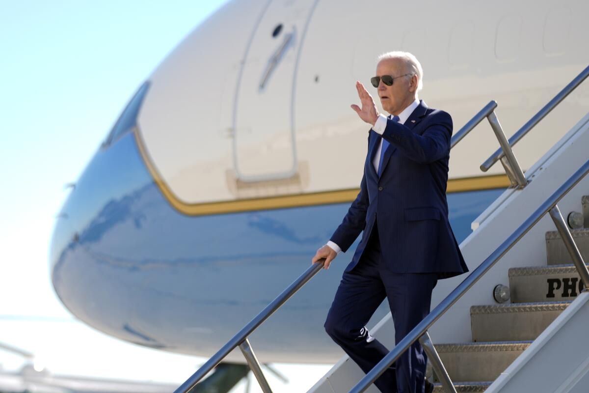 President Biden arrives at John F. Kennedy International Airport in New York on Feb. 7. 