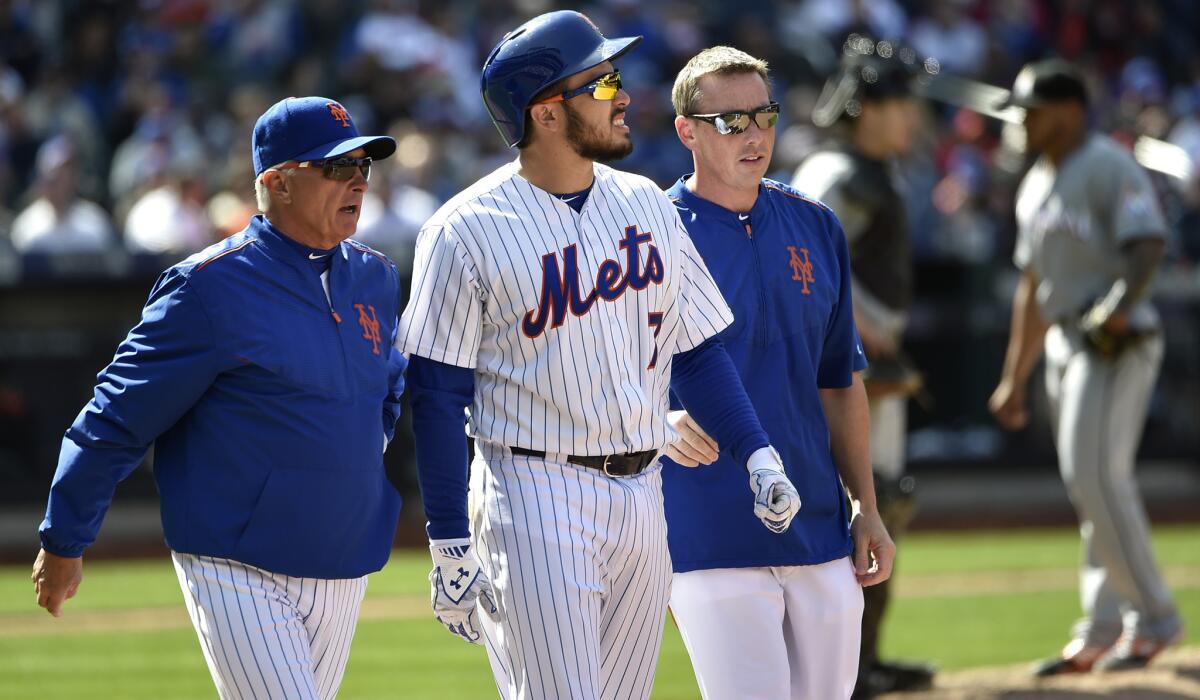Mets catcher Travis d'Arnaud is checked by Manager Terry Collins, left, and a trainer after he was hit by a pitch on Sunday.
