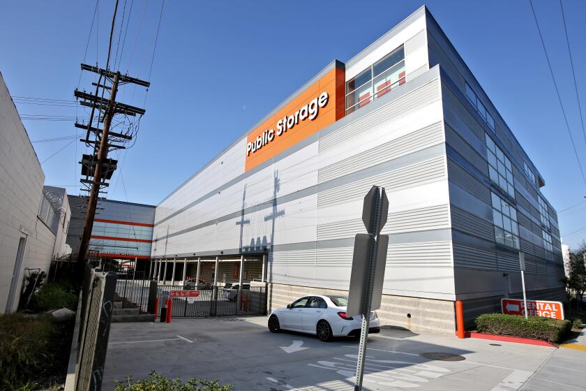 A vehicle waits to enter the gates at the Public Storage on the 5500 block of SanFernando Rd. in Glendale on Tuesday, April 14, 2020.