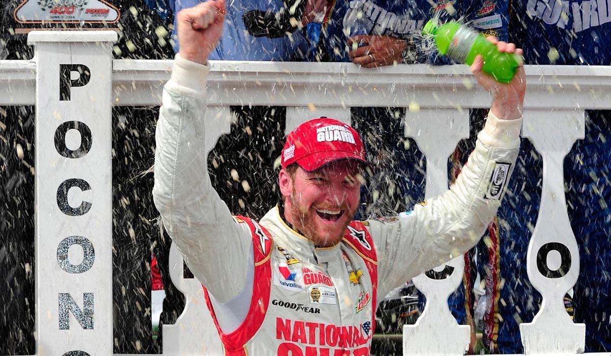 Dale Earnhardt Jr. celebrates in Victory Lane after winning NASCAR Sprint Cup Series Pocono 400 on Sunday.