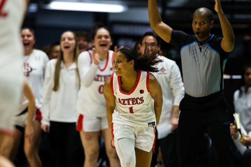 Asia Avinger enjoys the moment during San Diego State's 68-45 win over University of San Diego on Saturday at Viejas Arena.