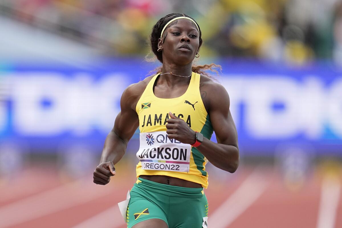 Jamaica's Shericka Jackson runs during the 2022 world championships in Eugene, Ore.