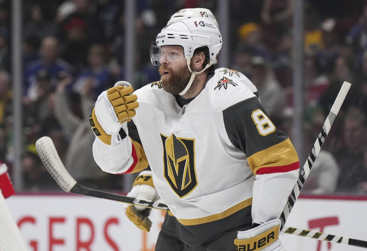Vegas Golden Knights' Phil Kessel celebrates his goal against the Vancouver Canucks during the first period of an NHL hockey game Tuesday, March 21, 2023, in Vancouver, British Columbia. (Darryl Dyck/The Canadian Press via AP)