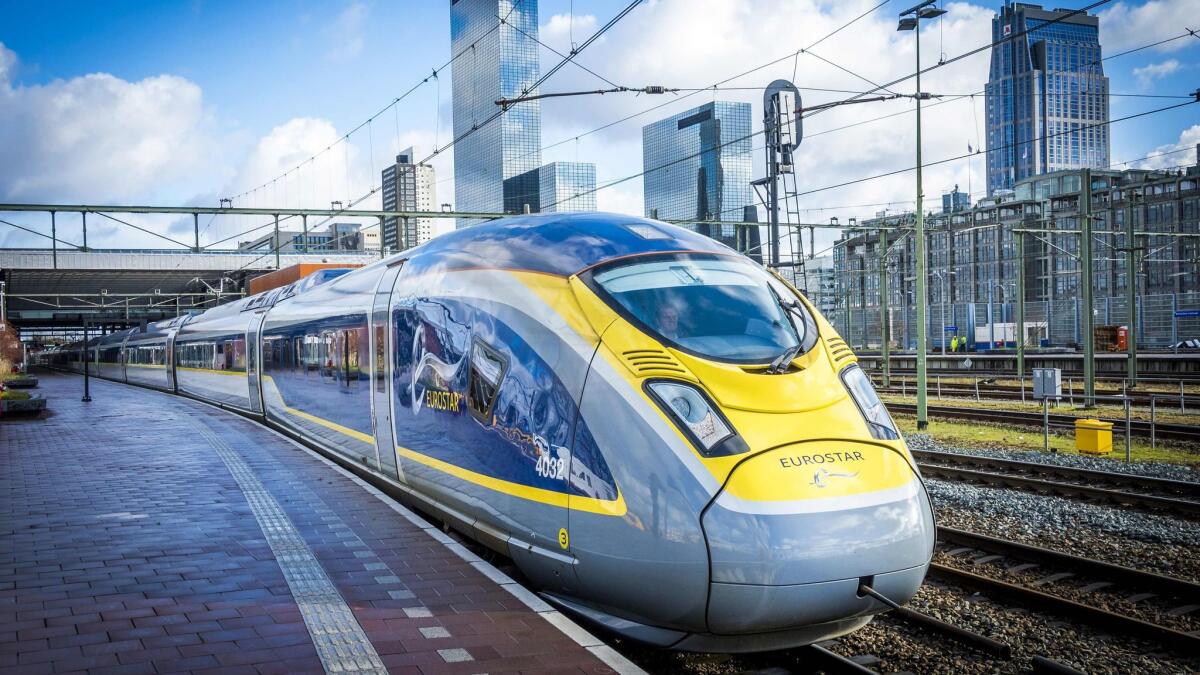 The Eurostar train arrives from London at Rotterdam Central Station in tests conducted Feb. 1. Passenger service will begin in April.