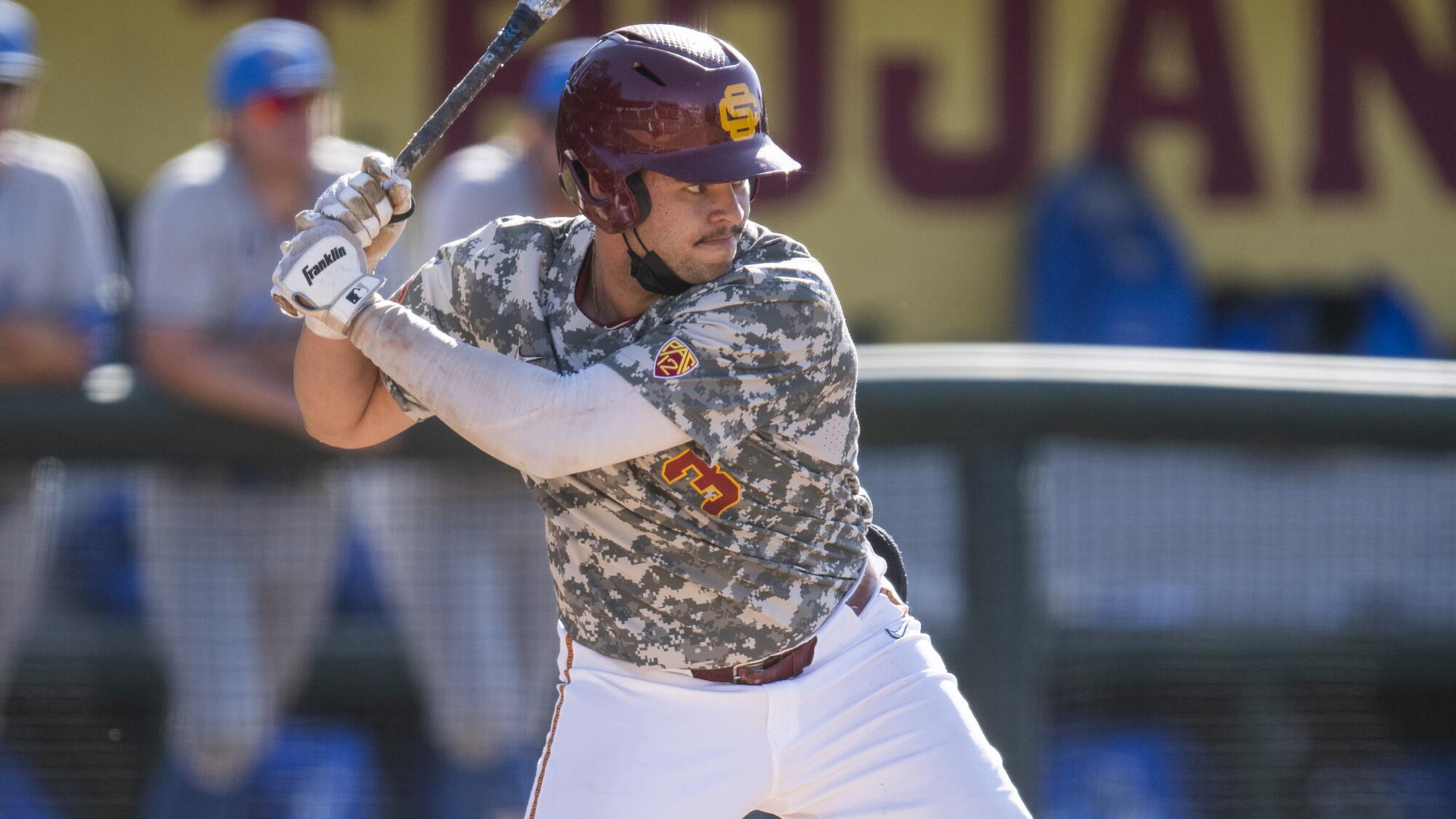 USC's Jamal O'Guinn waits for a pitch during a game against UCLA on March 28, in Los Angeles. 