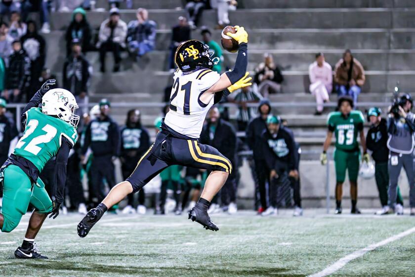 Shane Rosenthal of Newbury Park comes through with one-handed catch in the first half against San Diego Lincoln.