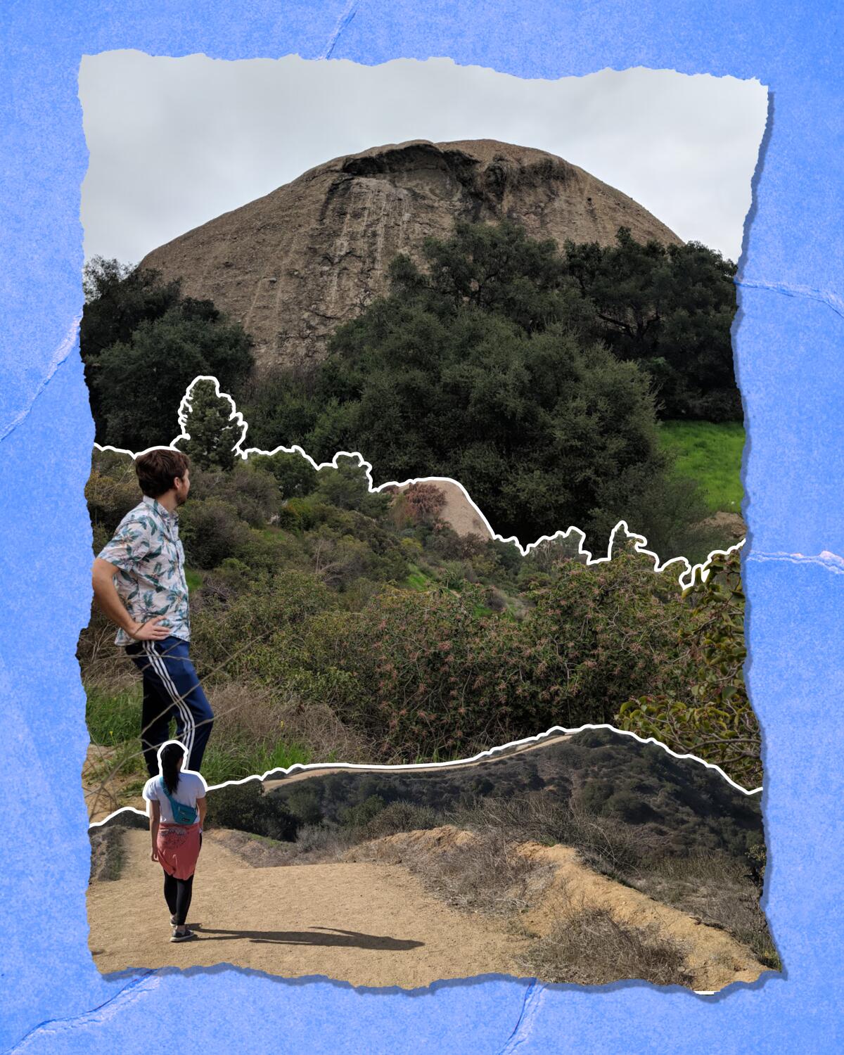 A collage of three hiking photos includes a woman on a trail and a man looking over scenery.