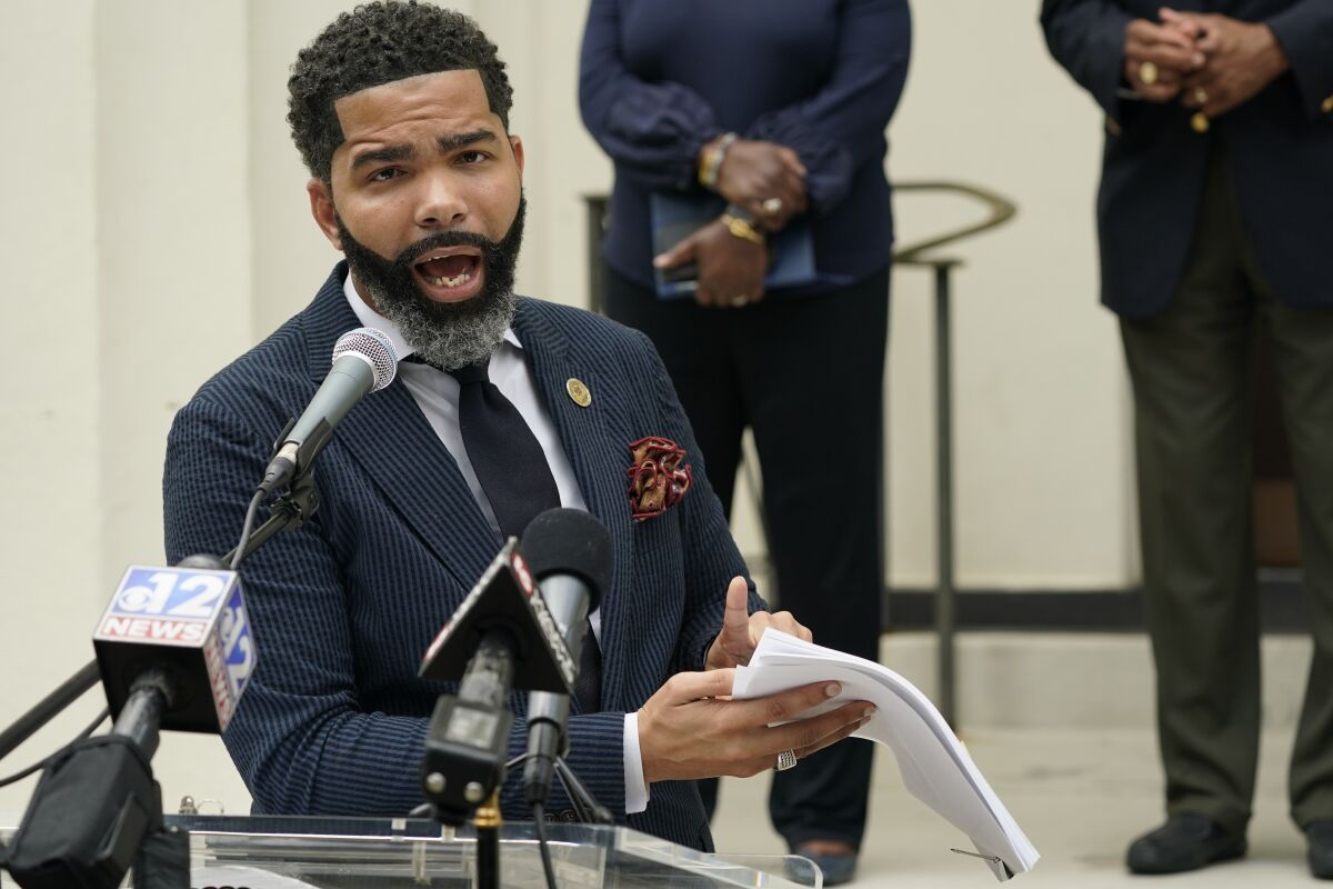 Mayor Chokwe Antar Lumumba speaks during a news conference at City Hall in Jackson, Miss., regarding updates on the ongoing water infrastructure issues, Tuesday, Sept. 6, 2022. (AP Photo/Rogelio V. Solis)