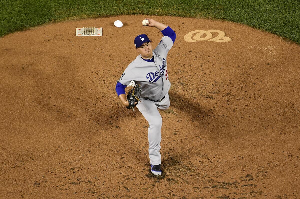 Dodgers pitcher Hyun-Jin Ryu delivers during Game 3 of the National League Division Series.