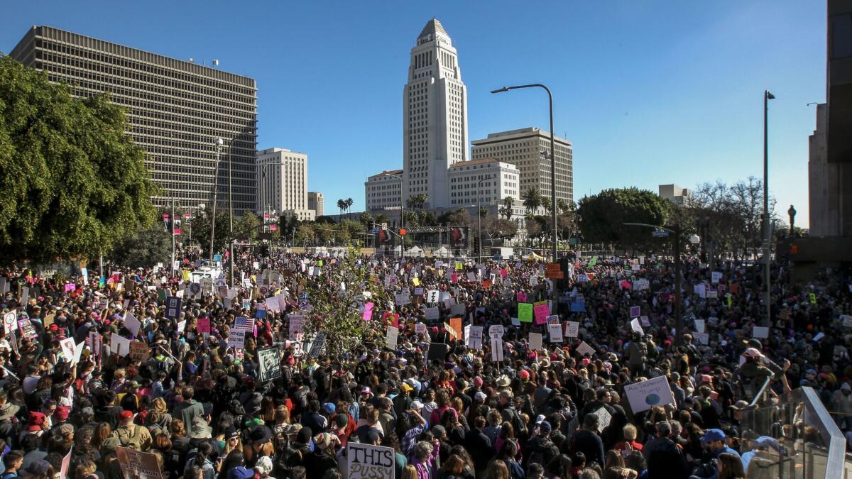 LOS ANGELES, CA JANUARY 21, 2017 -- -Womens March LA in front of City Hall in Los Angeles, CA January 21, 2017. March organized by the Women's March LA is to celebrate the diversity and human rights. It is taking place the day after the Trump inaugural. Similar marches are taking places all across the country. (Irfan Khan / Los Angeles Times)