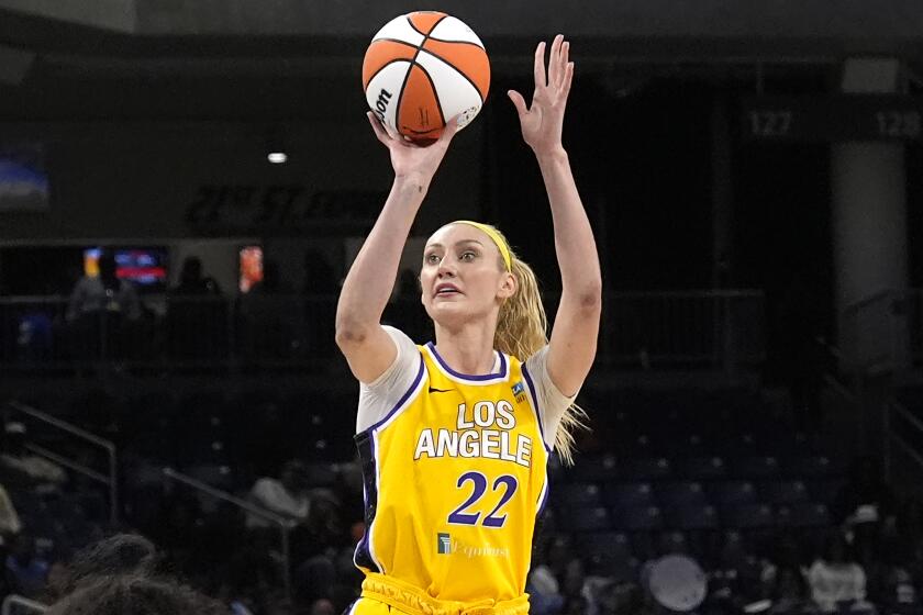 Los Angeles Sparks' Cameron Brink shoots during the team's WNBA basketball game.