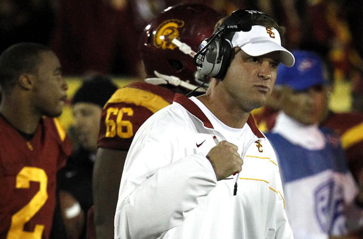 USC Coach Lane Kiffin during the Trojans' game two seasons ago against UCLA.