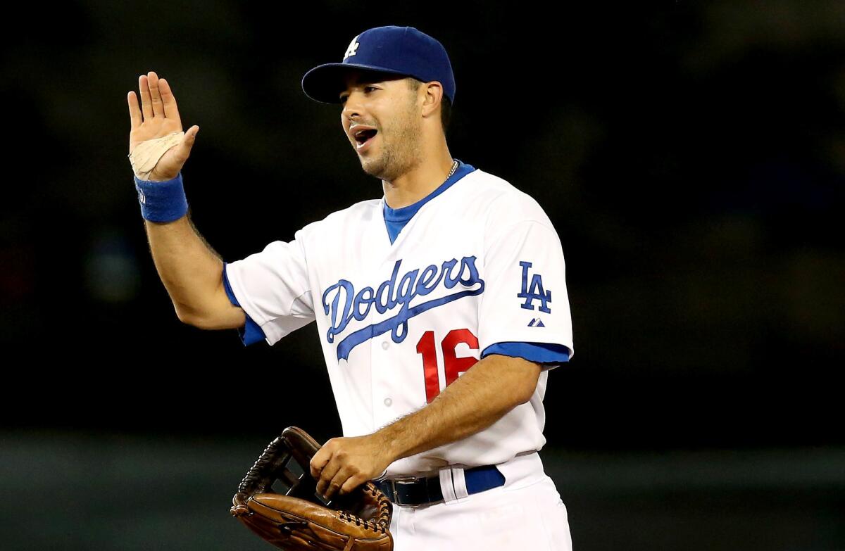 Dodgers' Andre Ethier celebrates after a game against the Washington Nationals.