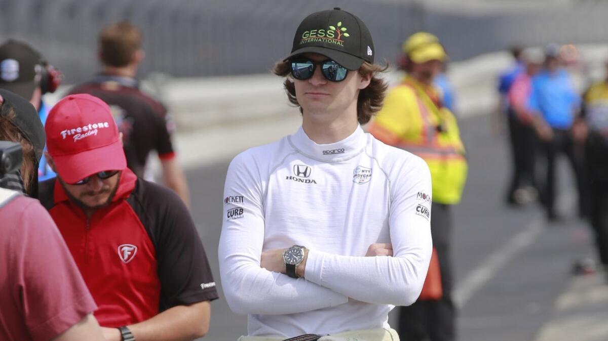 Colton Herta waits Friday in the pit area for the start of the final 2019 Indianapolis 500 practice session.