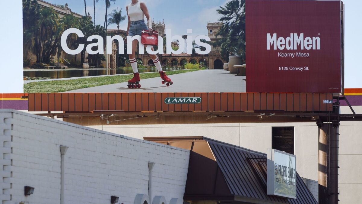 SAN DIEGO, October 17, 2018 | A billboard on Morena Boulevard that advertises the MedMen marijuana store in San Diego on Wednesday. | Photo by Hayne Palmour IV/San Diego Union-Tribune