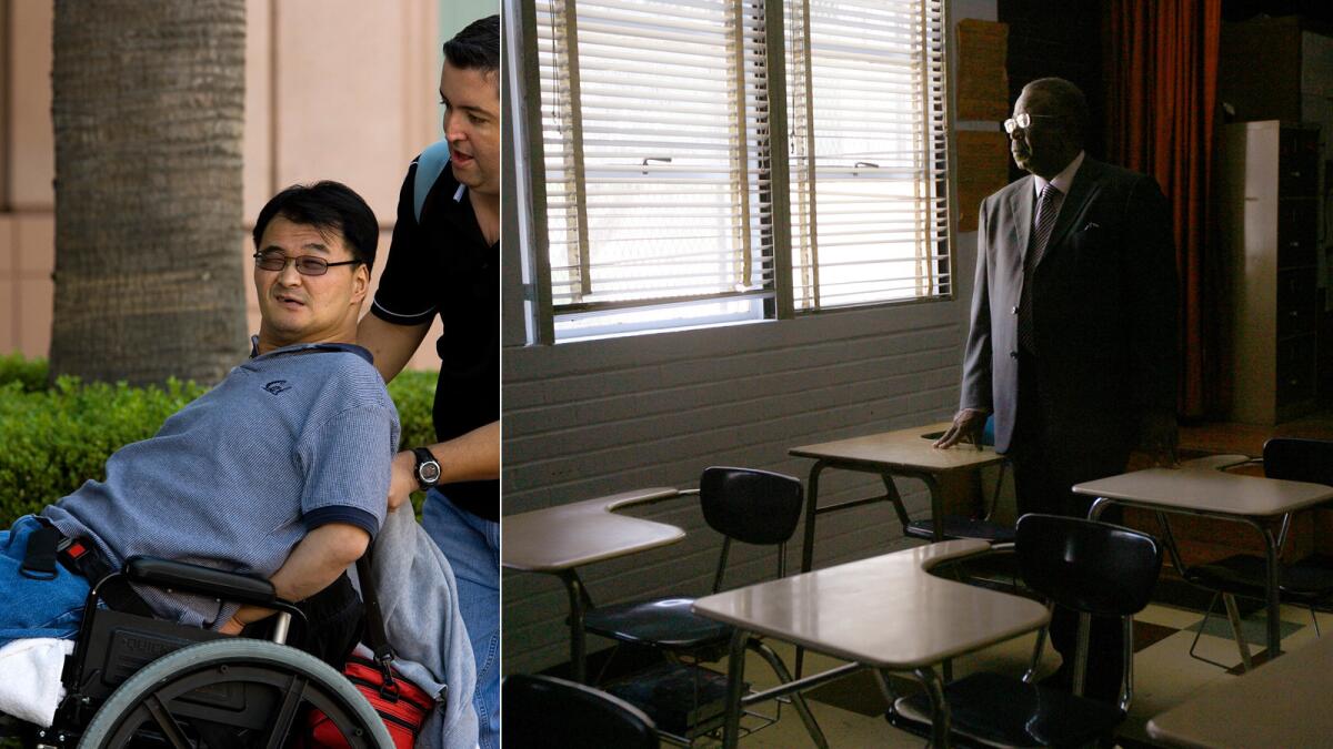 LAUSD teacher Matthew Kim, left was put on housed duty -- required to report to work at a district office but not required to do anything -- for allegedly groping female students and co-workers. He sued principal Joseph Walker.
