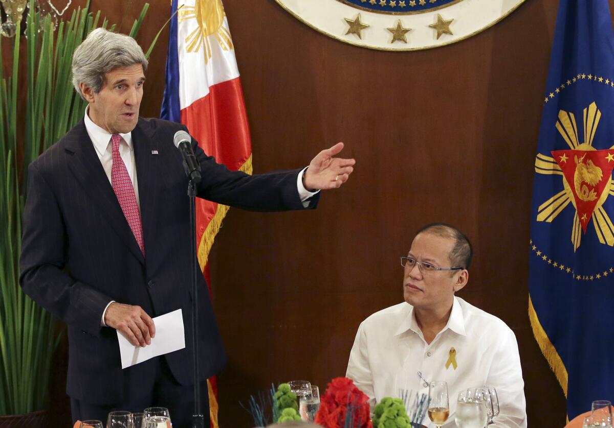 U.S. Secretary of State John F. Kerry, left, during a meeting last month with Philippine President Benigno Aquino III at Manila's Malacanang Presidential Palace. The United States has commitments to defend allies in East Asia, giving Washington a stake in the escalating dispute between China and its neighbors over air and maritime access to the South China Sea.