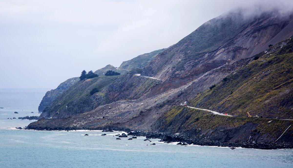 Highway 1 is cut in two where a massive landslide obliterated the road north of Ragged Point. (Brian van der Brug / Los Angeles Times)