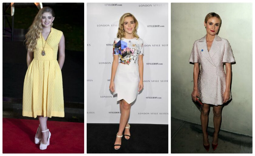 Left to right, celebrities wearing creations by British fashion designers on the red carpet. Actress Willow Shields in an Emilia Wickstead dress at the world premiere of "The Hunger Games: Catching Fire" in London. "Mad Men" actress Kiernan Shipka wearing Preen at the British Fashion Council and STYLEBOP.com cocktail party to celebrate the London Style Suites in L.A. Actress Diane Kruger in an Emilia Wickstead dress at the Autism Speaks' Blue Jean Ball at Boulevard 3 in L.A.