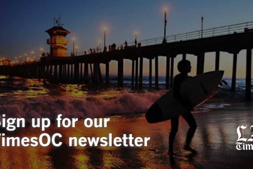 The words "sign up for our TimesOC newsletter" and the Los Angeles Times logo over an image of the Huntington Beach Pier at sunset.