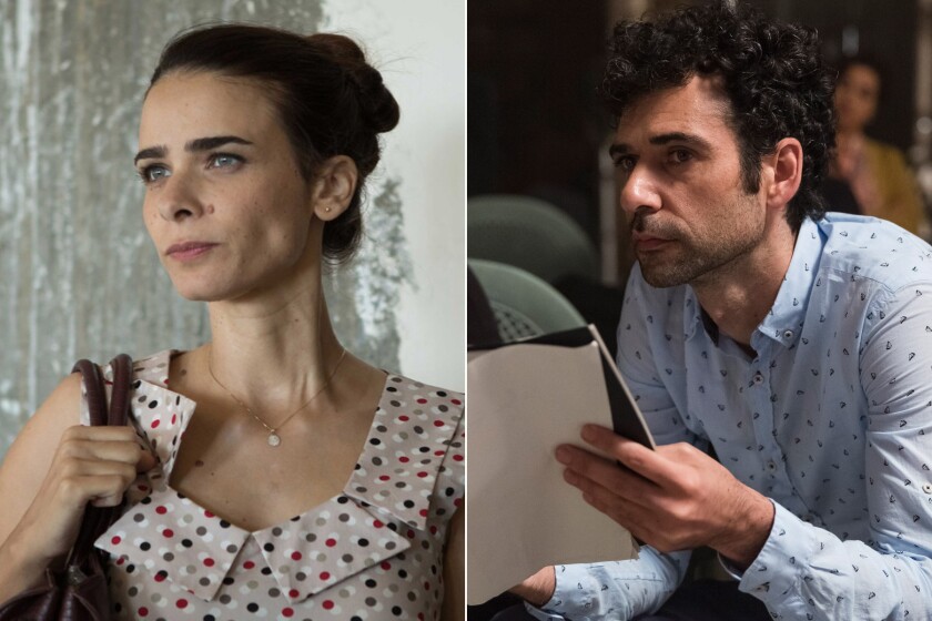 Liron Ben Shlush in a scene from "Working Woman," left, and Kris Nashik in “Tel Aviv on Fire.”