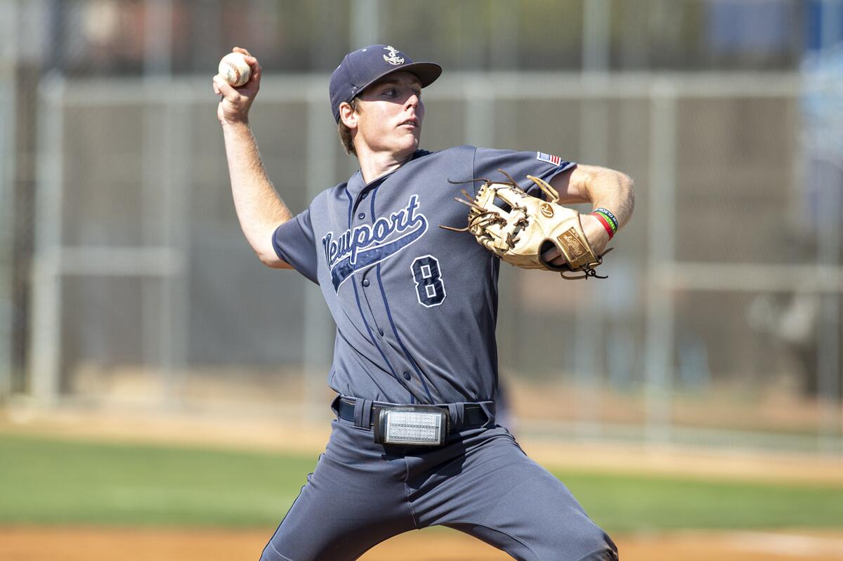 Newport Harbor senior Trent Liolios, shown pitching against Corona del Mar on April 14, threw three shutout innings Saturday.