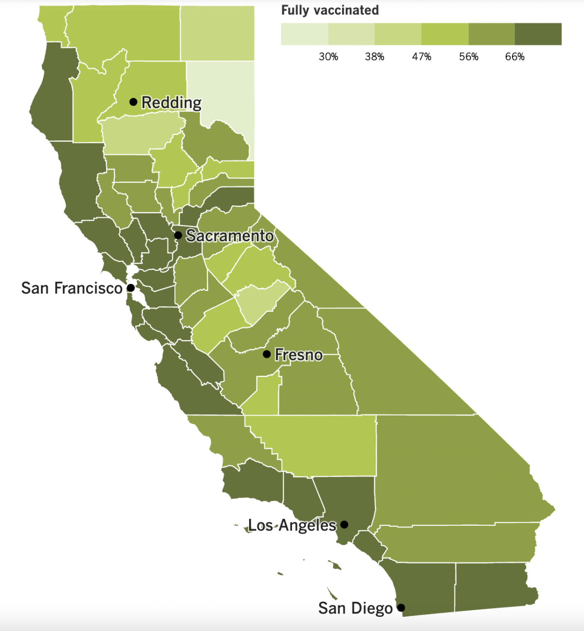 A map showing California's COVID-19 vaccination progress as of Sept. 13, 2022.