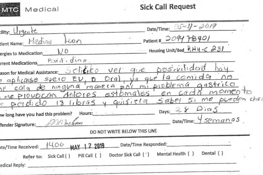 A sick call request was written by Medina Leon in Spanish on May 11, 2019.