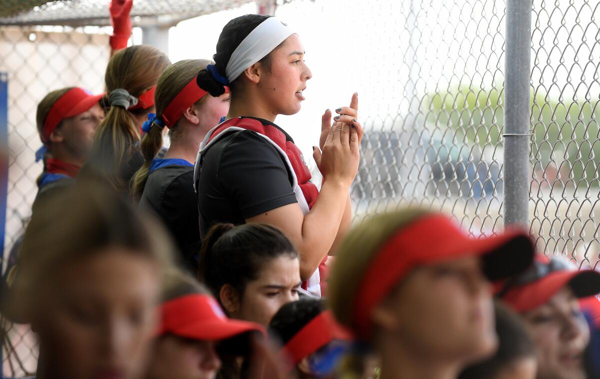 Los Alamitos High softball catcher Sophia Nugent watches from the dugout during a recent game.