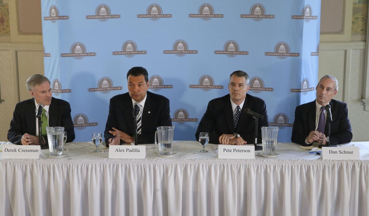 Four of the candidates for secretary of state are, from left, Derek Cressman, Alex Padilla, Pete Peterson and Dan Schnur, shown during a recent candidate forum.