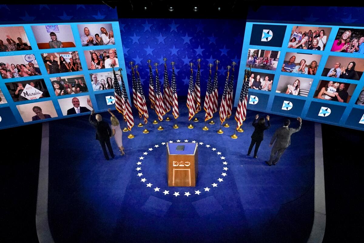 Joe and Jill Biden with Kamala Harris and husband Doug Emhoff at last month's virtual Democratic National Convention.