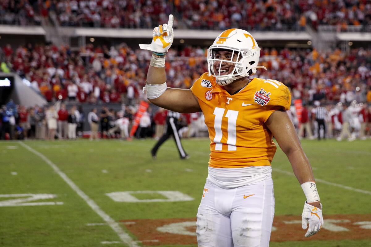 Tennessee linebacker Henry To'o To'o celebrates in the fourth quarter when the Volunteers rallied for a 23-22 win over Indiana in the Gator Bowl on Thursday.