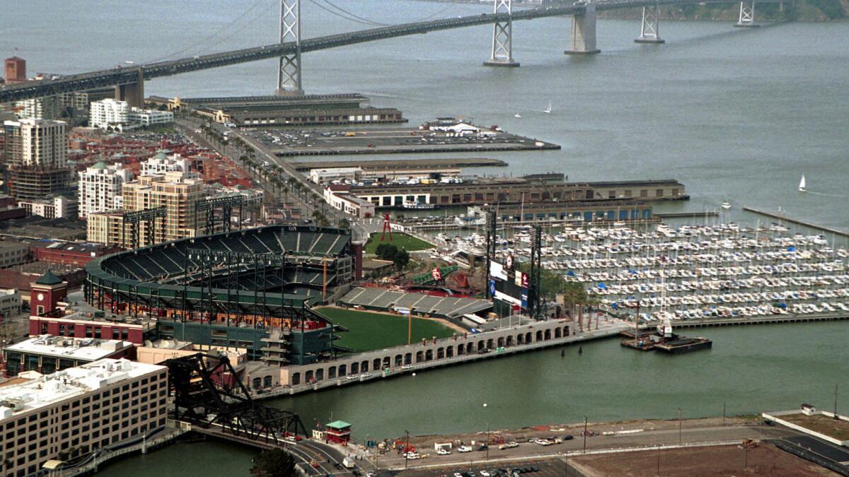 A look at AT&T Park with the McCovey Cove area in the foreground.