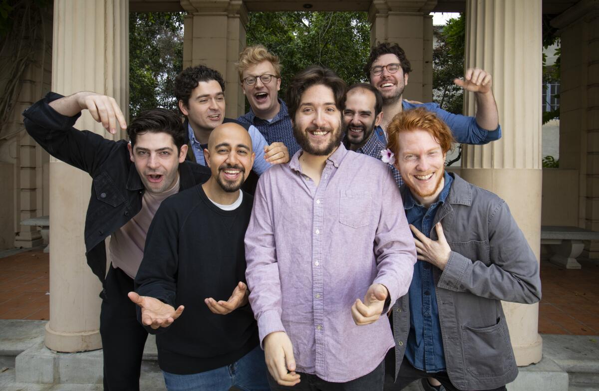 "Despereaux" team members (clockwise from front and center) Dan Weschler, Arya Shahi, Curtis Gillen, Alex Falberg, Matt Nuernberger, Marc Bruni, Ben Ferguson and Ryan Melia. All but Bruni, who is co-directing the show, are members of PigPen Theatre.
