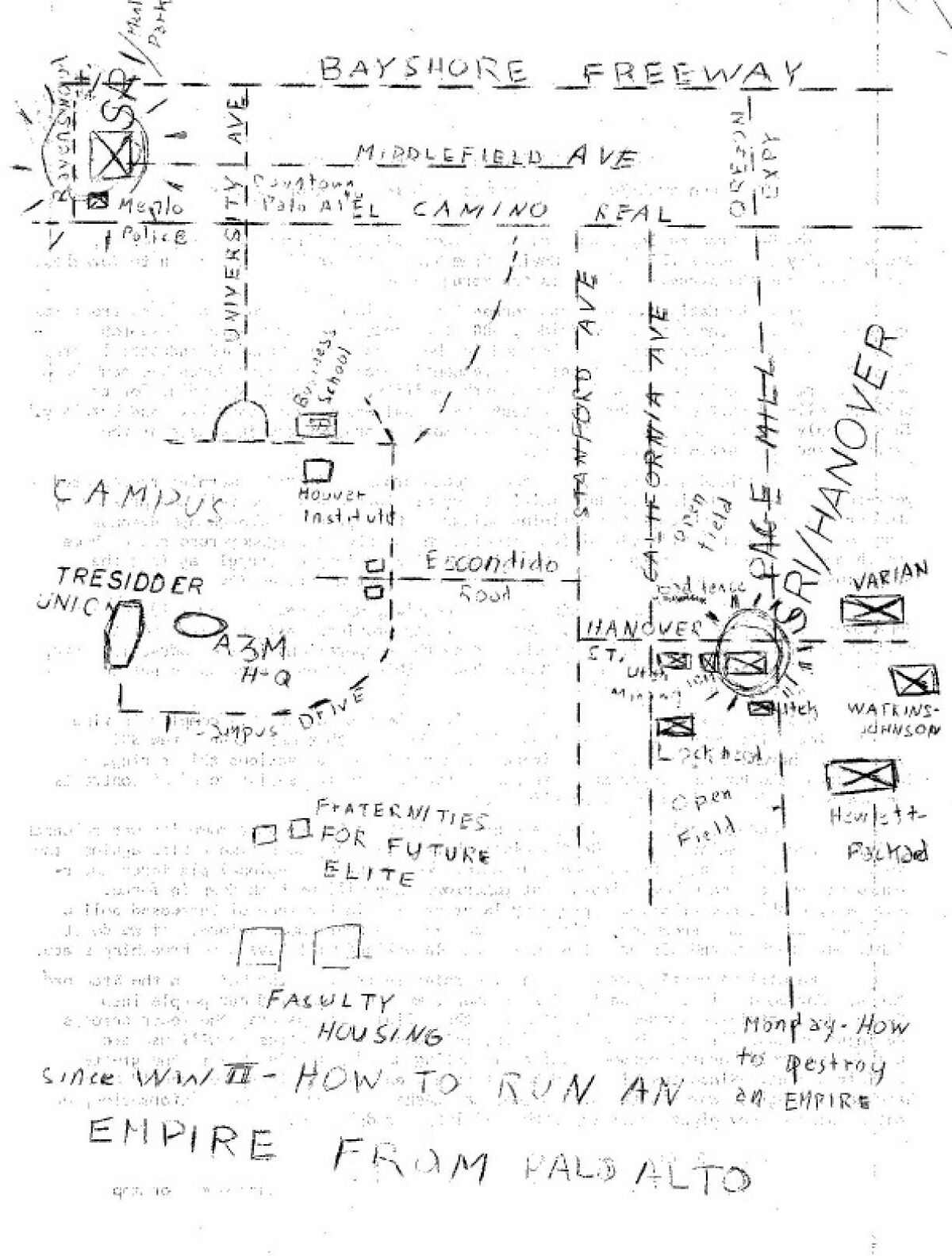 A drawn map of a college campus.