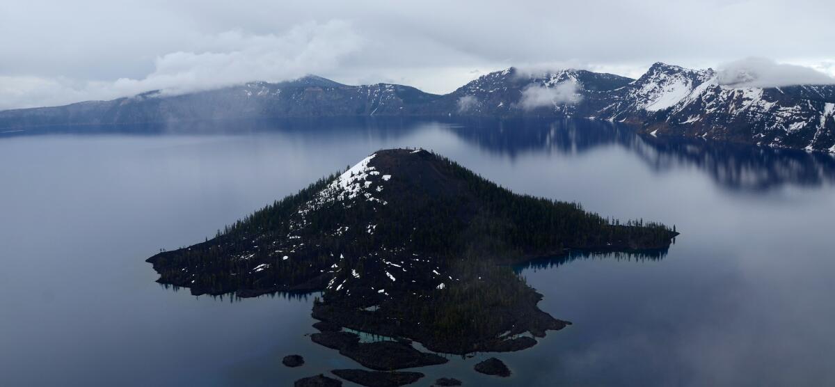 This is Wizard Island, seen from Watchman Overlook above Crater Lake in Oregon.